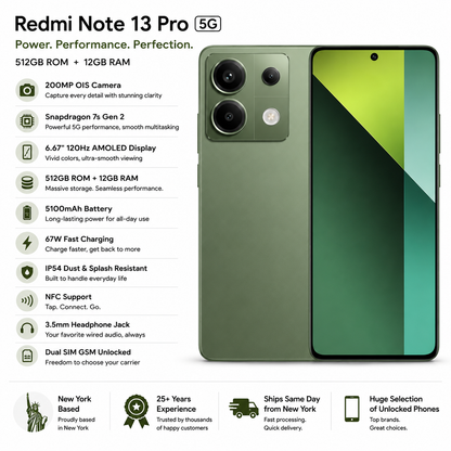 Xiaomi Redmi Note 13 PRO 5G 512GB ROM 12GB RAM Dual SIM GSM Unlocked - Olive Green