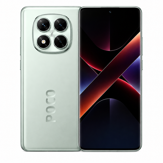 Green Xiaomi Poco X7 5G smartphone with triple-lens rear camera and curved front display