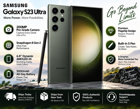 Green Galaxy S23 Ultra phone with stylus and triple rear cameras, screen facing front