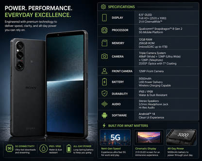 Sony Xperia 1 V 5G XQ-DQ72 Black smartphone with screen on, shown front and rear with camera lenses