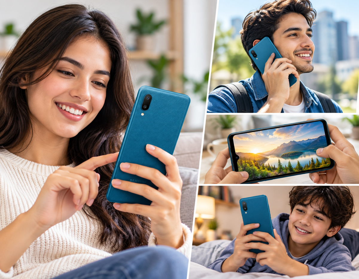 Blue Samsung Galaxy A02 phones in use, woman and child holding handsets