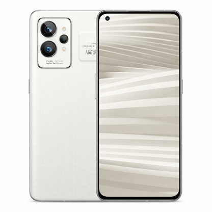 Realme GT 2 Pro 5G Paper White smartphone front and back view with curved black display