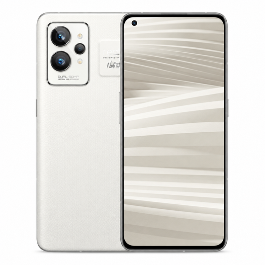 Realme GT 2 Pro 5G Paper White smartphone front and back view with curved black display