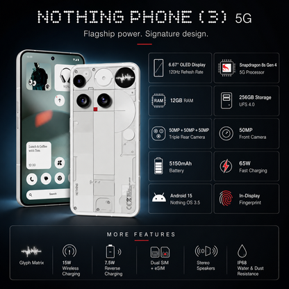 Nothing Phone (3) 5G White smartphone front and back with illuminated Glyph-style circle and feature callouts