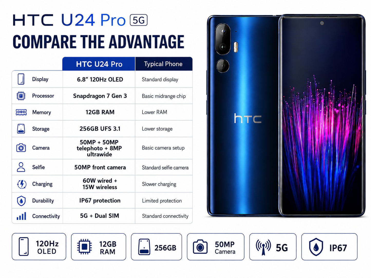 HTC U24 Pro 5G Blue HTC smartphone with front screen and back dual cameras
