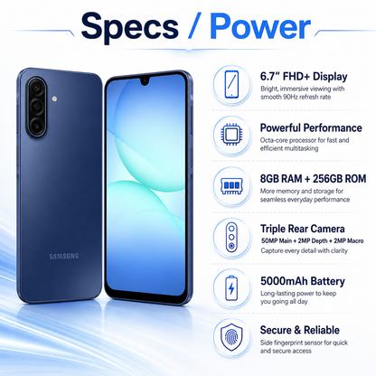 Blue Samsung Galaxy A17 4G smartphone, front screen and back camera, side-by-side view