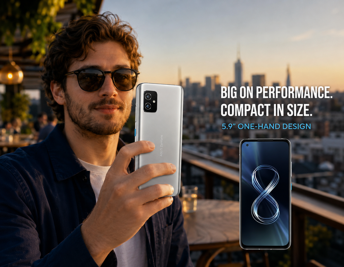 Asus Zenfone 8 Silver smartphone held in hand, back camera module visible