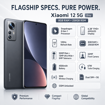 Xiaomi 12 5G Dual SIM 256GB ROM 8GB RAM GSM Unlocked - Gray
