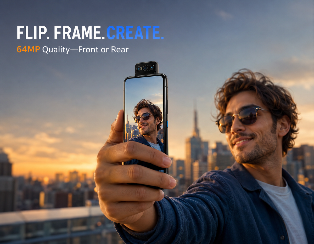 Asus Zenfone 8 Flip Black flip smartphone held by a man outdoors for a selfie-style photo