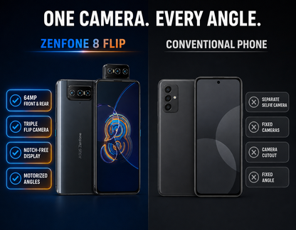 Asus Zenfone 8 Flip Black flip smartphone with rear camera module, front and back side-by-side