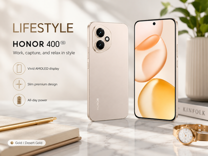 Gold Honor 400 5G smartphone with front display and rear cameras, lifestyle setting.