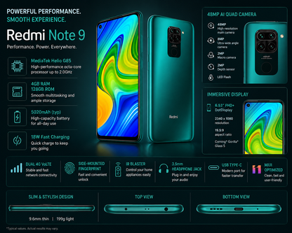 Xiaomi Redmi Note 9 4GB RAM + 128GB, 48MP Quad Camera Unlocked - Forest Green