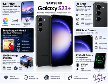 Samsung Galaxy S23 5G Black Samsung Galaxy phone with front display and triple rear cameras