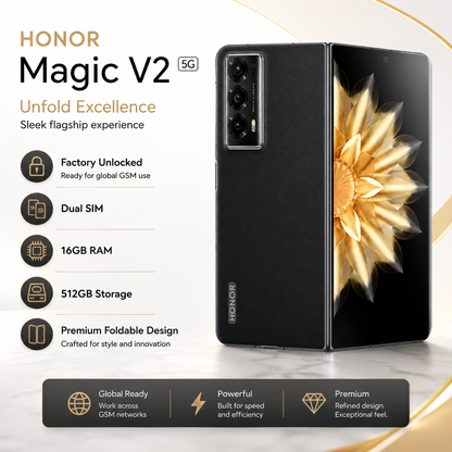 Black Honor foldable phone unfolded, with triple rear cameras and gold flower wallpaper screen.