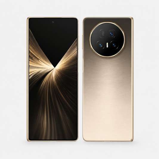 Gold foldable smartphone, front screen and back with triple camera module visible.
