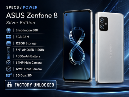 Silver ASUS Zenfone 8 smartphone with front and back views, dual camera module.