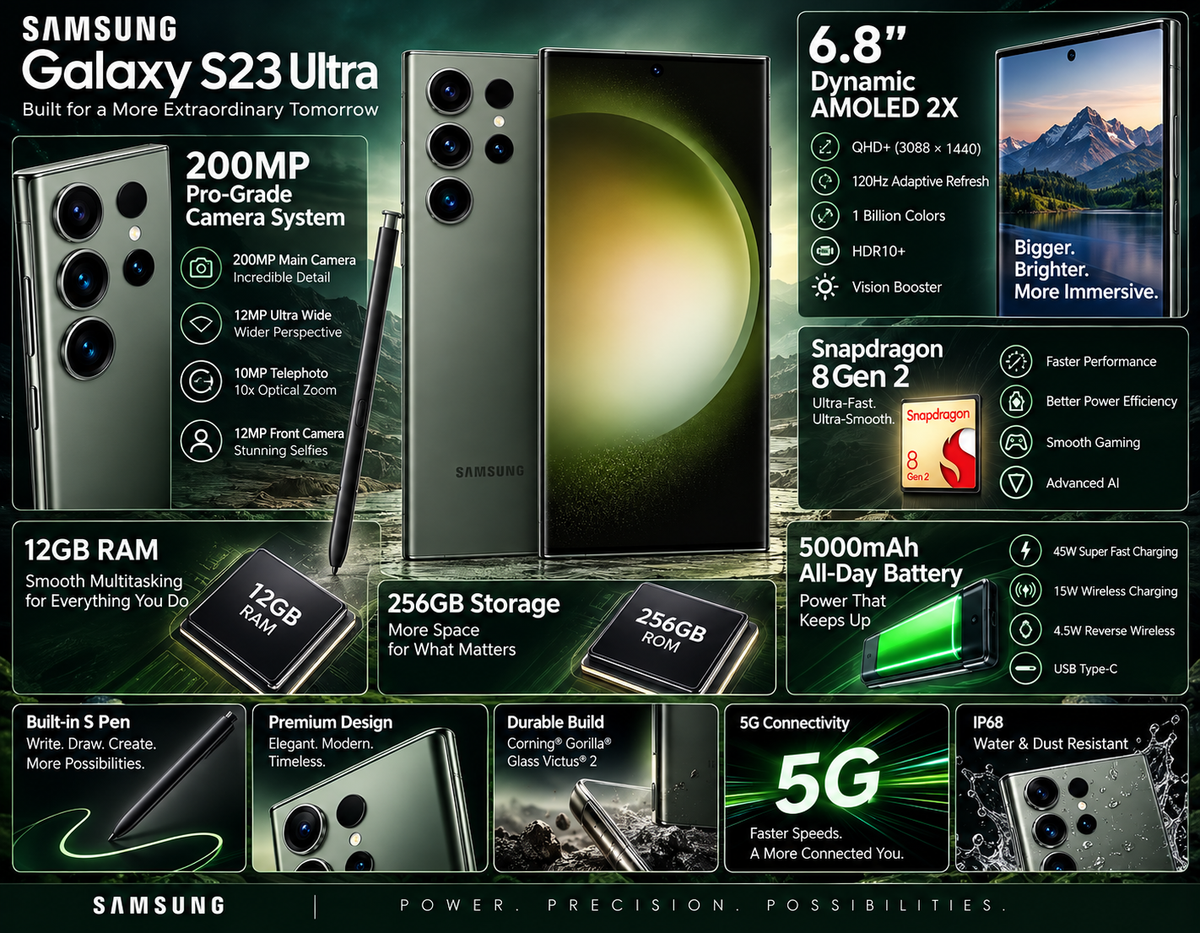 Samsung Galaxy S23 Ultra marketing poster showing front, back, and performance features