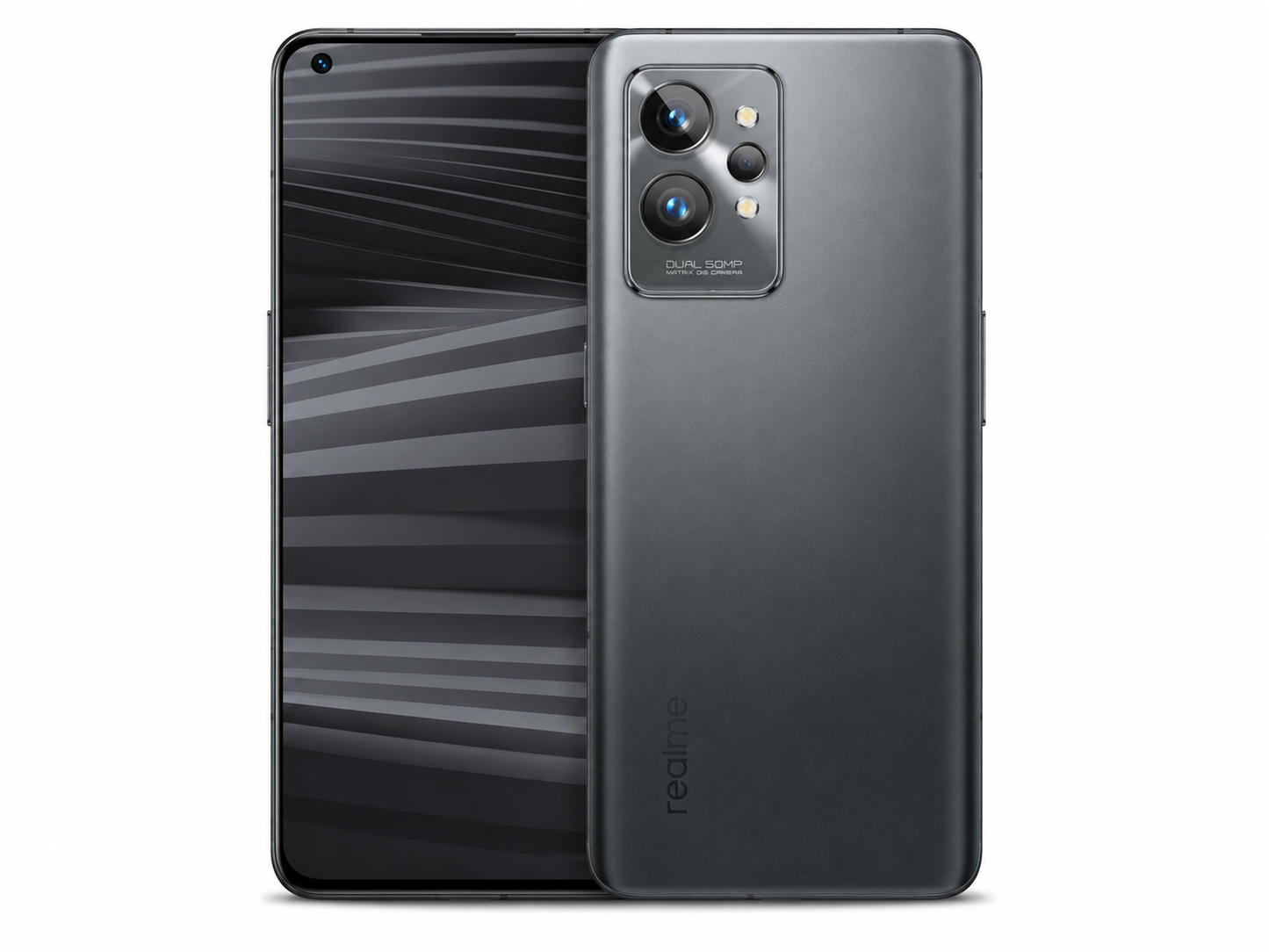 Realme GT 2 Pro 5G Steel black smartphone with rear triple cameras and striped front display, close front-back view