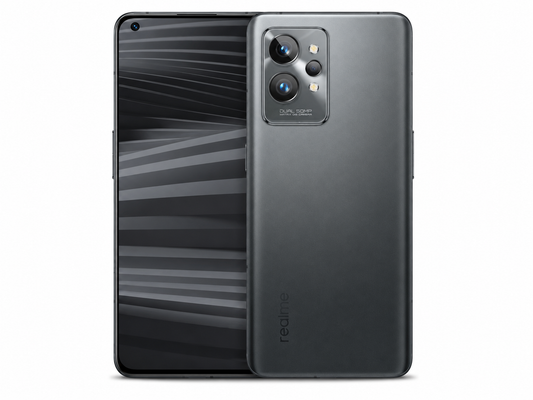 Realme GT 2 Pro 5G Steel black smartphone with rear triple cameras and striped front display, close front-back view