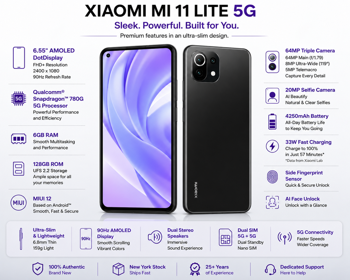 Xiaomi Mi 11 Lite 5G 128GB, 6GB, Dual SIM LTE GSM Unlocked Xiaomi Mi 11 Lite 5G 128GB, 6GB, Dual SIM LTE GSM Unlocked