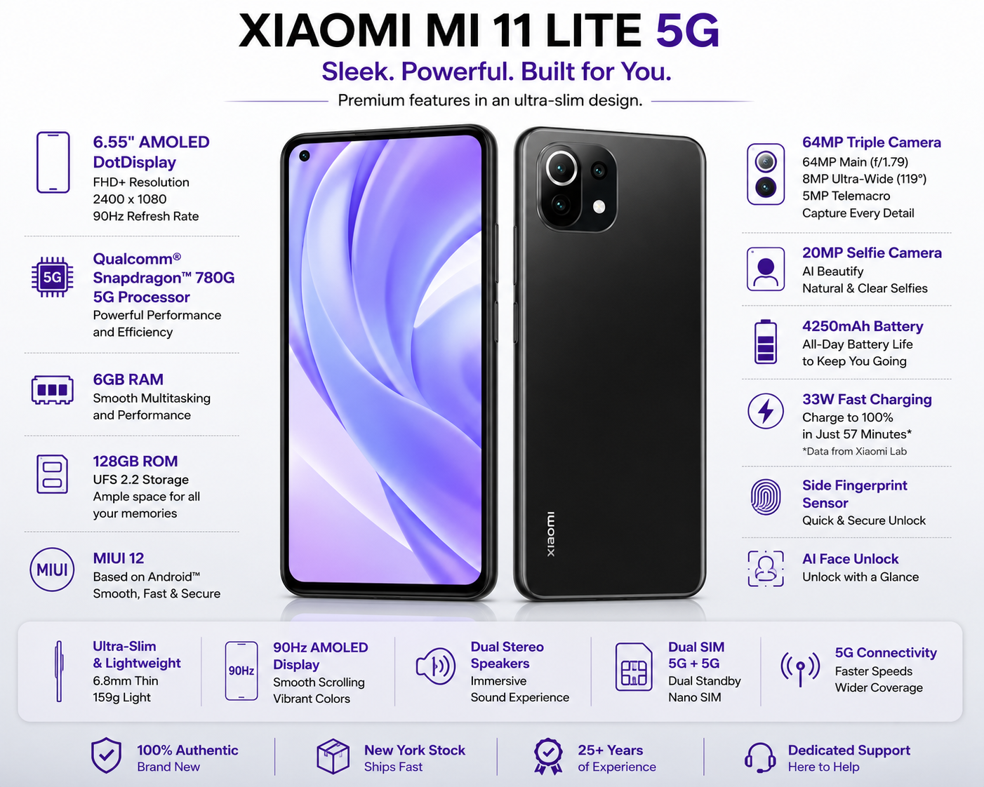 Truffle Black Xiaomi Mi 11 Lite 5G phone with front display and rear camera cluster.