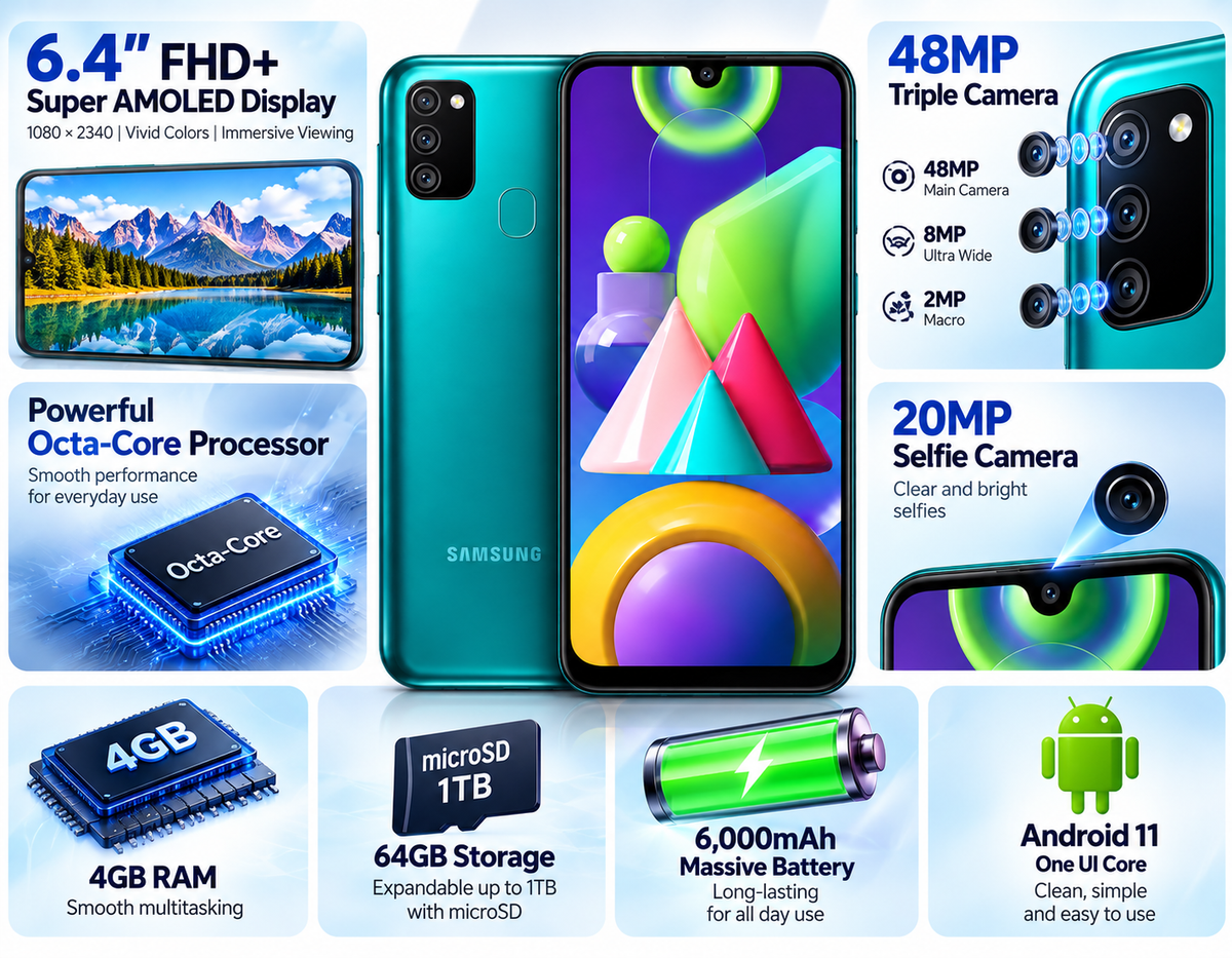 Teal Samsung Galaxy M21 smartphone: 6.4in FHD+ Super AMOLED, 48MP triple camera