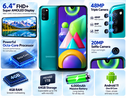Teal Samsung Galaxy M21 smartphone: 6.4in FHD+ Super AMOLED, 48MP triple camera