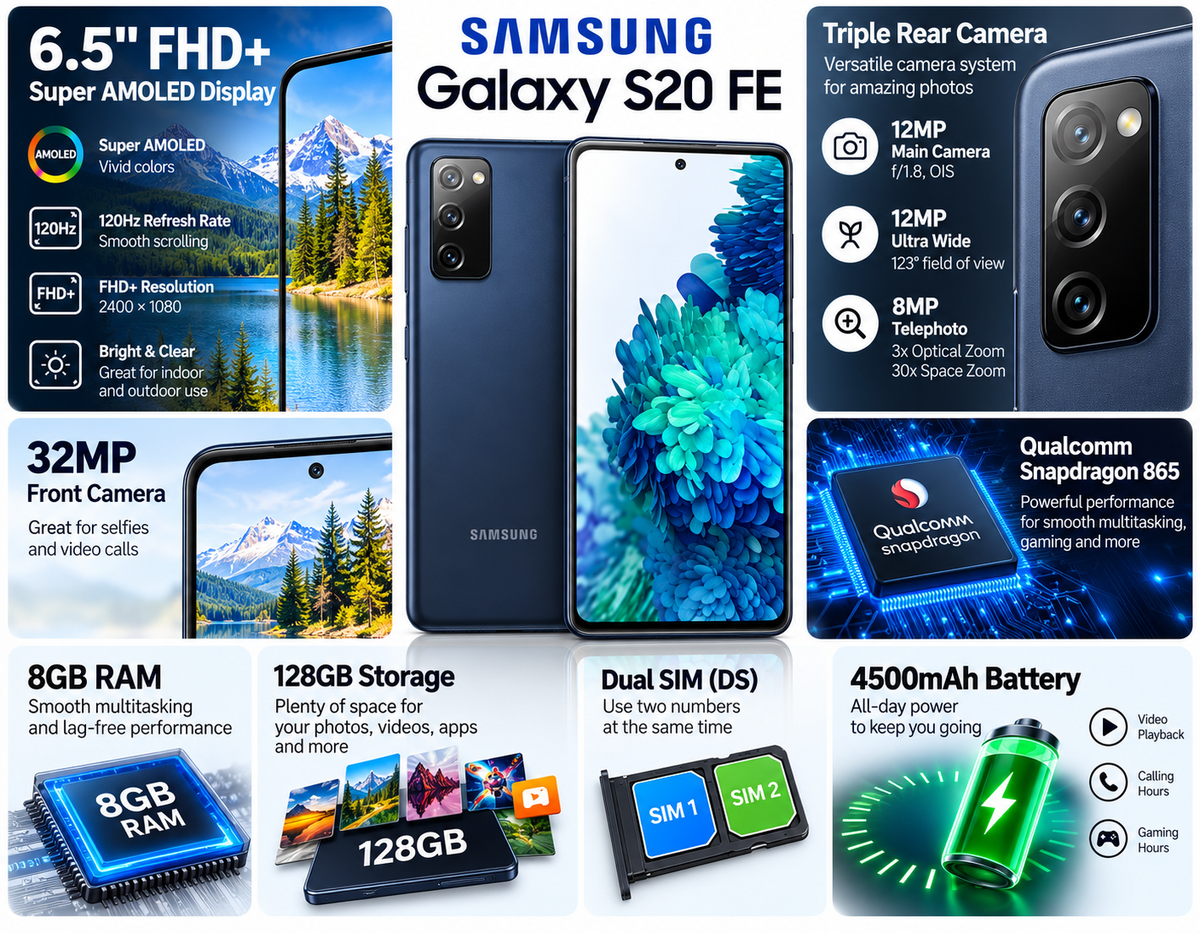 Samsung Galaxy S20 FE G780G 128GB,8GB RAM Dual Sim GSM Unlocked - Cloud Navy