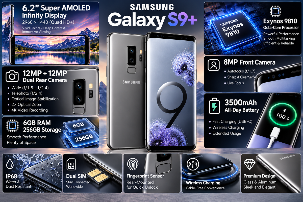 Samsung Galaxy S9+ smartphone with 6.2" Super AMOLED screen, titanium gray, front and back