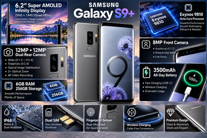 Samsung Galaxy S9+ smartphone with 6.2" Super AMOLED screen, titanium gray, front and back