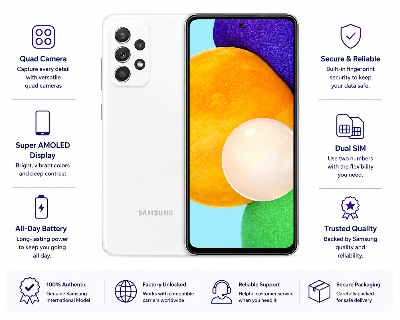 White Samsung Galaxy A52 4G smartphone with quad rear camera and front display