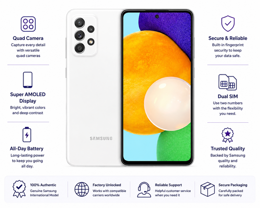 White Samsung Galaxy A52 4G smartphone with quad rear camera and front display