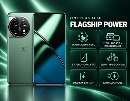 ONEPLUS 11 5G Green smartphone front and back with glossy diagonal light on the display.