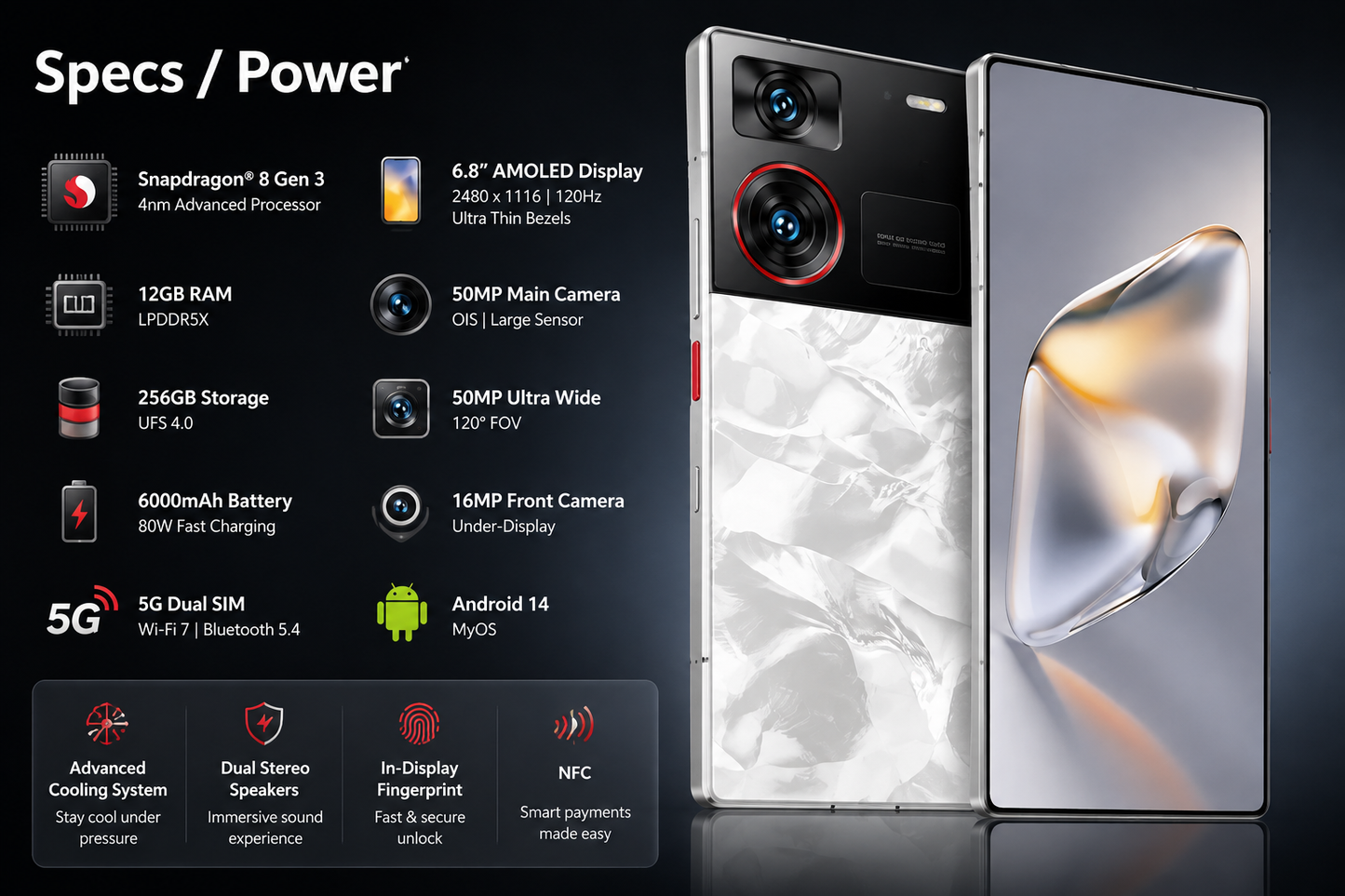 Silver Nubia smartphone with dual rear cameras beside full front display