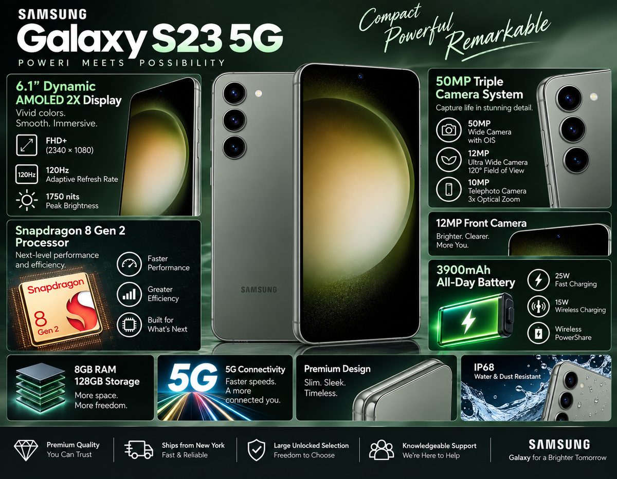 Samsung Galaxy S23 5G Green Samsung smartphone front and back side by side with triple camera module