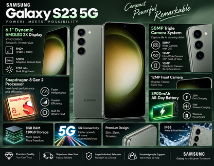 Samsung Galaxy S23 5G Green Samsung smartphone front and back side by side with triple camera module