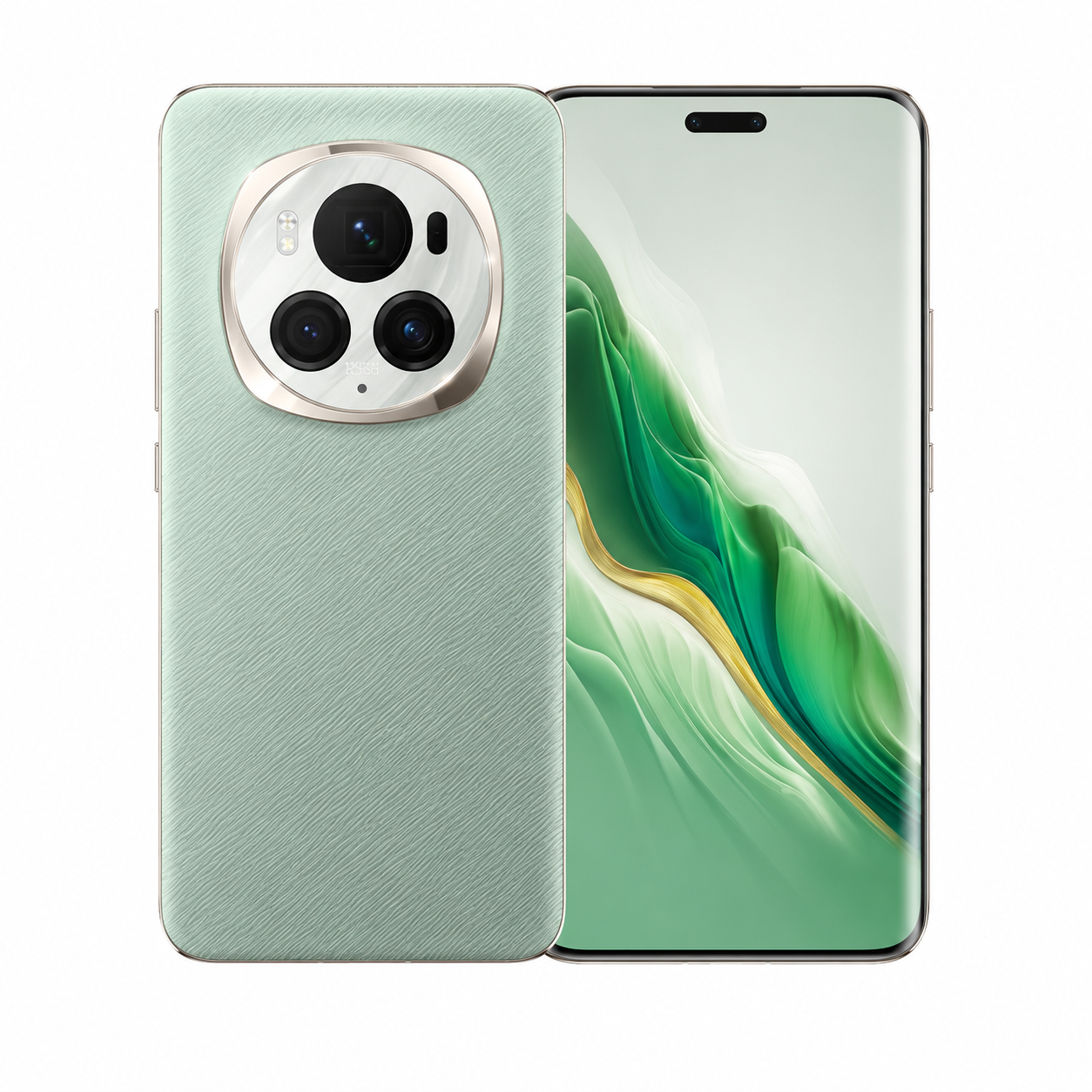 Mint green smartphone with triple rear camera and front display