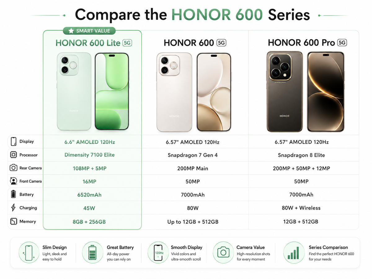 HONOR 600 Lite 5G Series comparison chart showing HONOR 600 Lite and other models