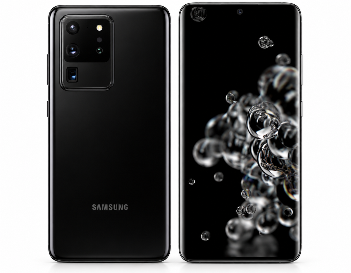 Samsung Galaxy S20 Ultra 5G smartphone, cosmic black rear and front view