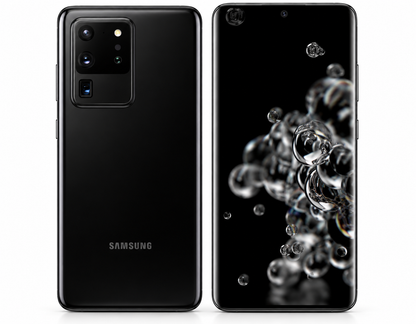 Samsung Galaxy S20 Ultra 5G smartphone, cosmic black rear and front view