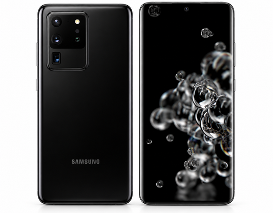 Samsung Galaxy S20 Ultra 5G smartphone, cosmic black rear and front view