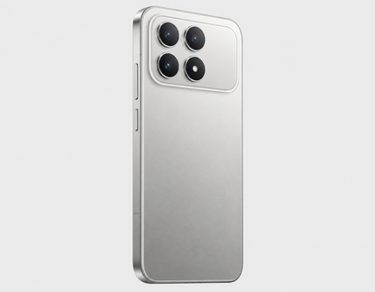 Xiaomi Poco F8 Pro 5G Silver smartphone back view with triple camera lenses in a rounded module