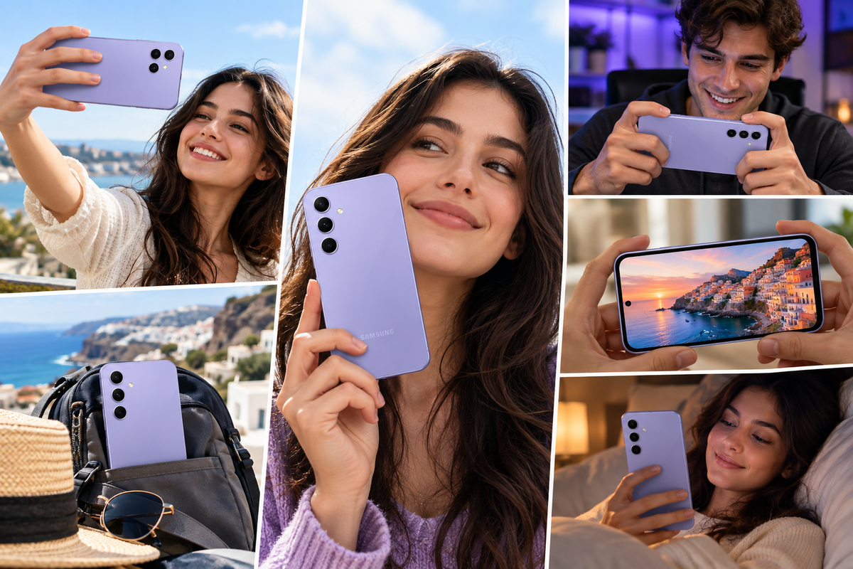 Samsung Galaxy A54 5G Violet smartphone held for selfies, triple camera visible on the back