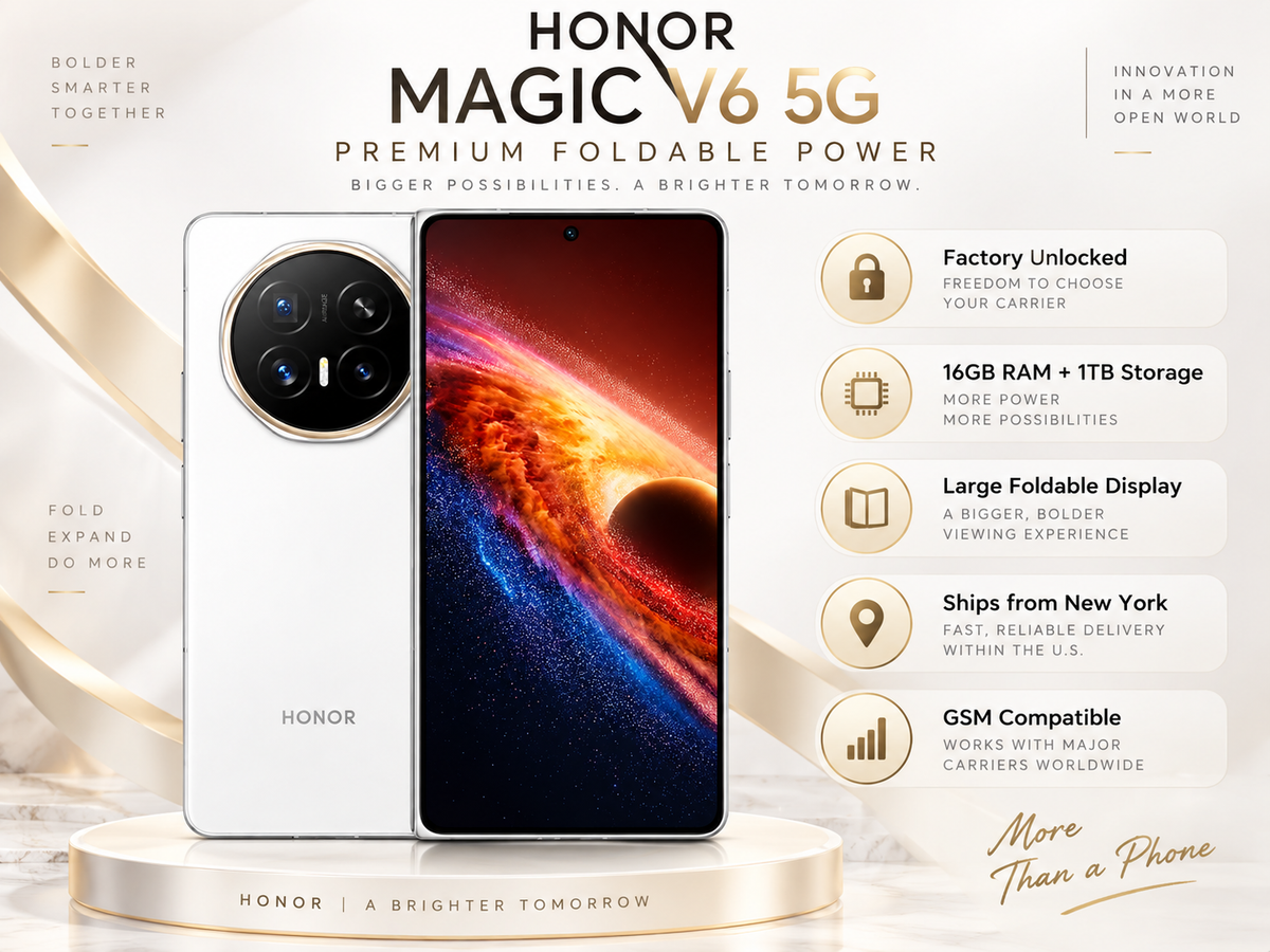 Honor Magic V6 5G Open white foldable smartphone with circular quad-camera and colorful inner display.