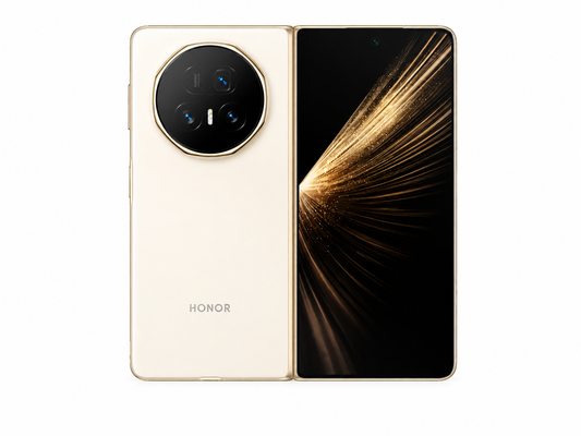 Honor Magic V5  White foldable smartphone with triple rear camera and inner/outer screens, front view
