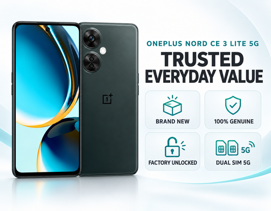 ONEPLUS Nord CE 3 Lite 5G phone in Chromatic Gray, angled front and rear
