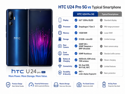 HTC U24 Pro 5G Blue smartphone with dual rear cameras and reflective front screen