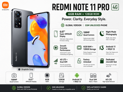 Xiaomi Redmi Note 11 Pro 4G 128GB 6GB RAM Dual SIM GSM Unlocked - Graphite Gray