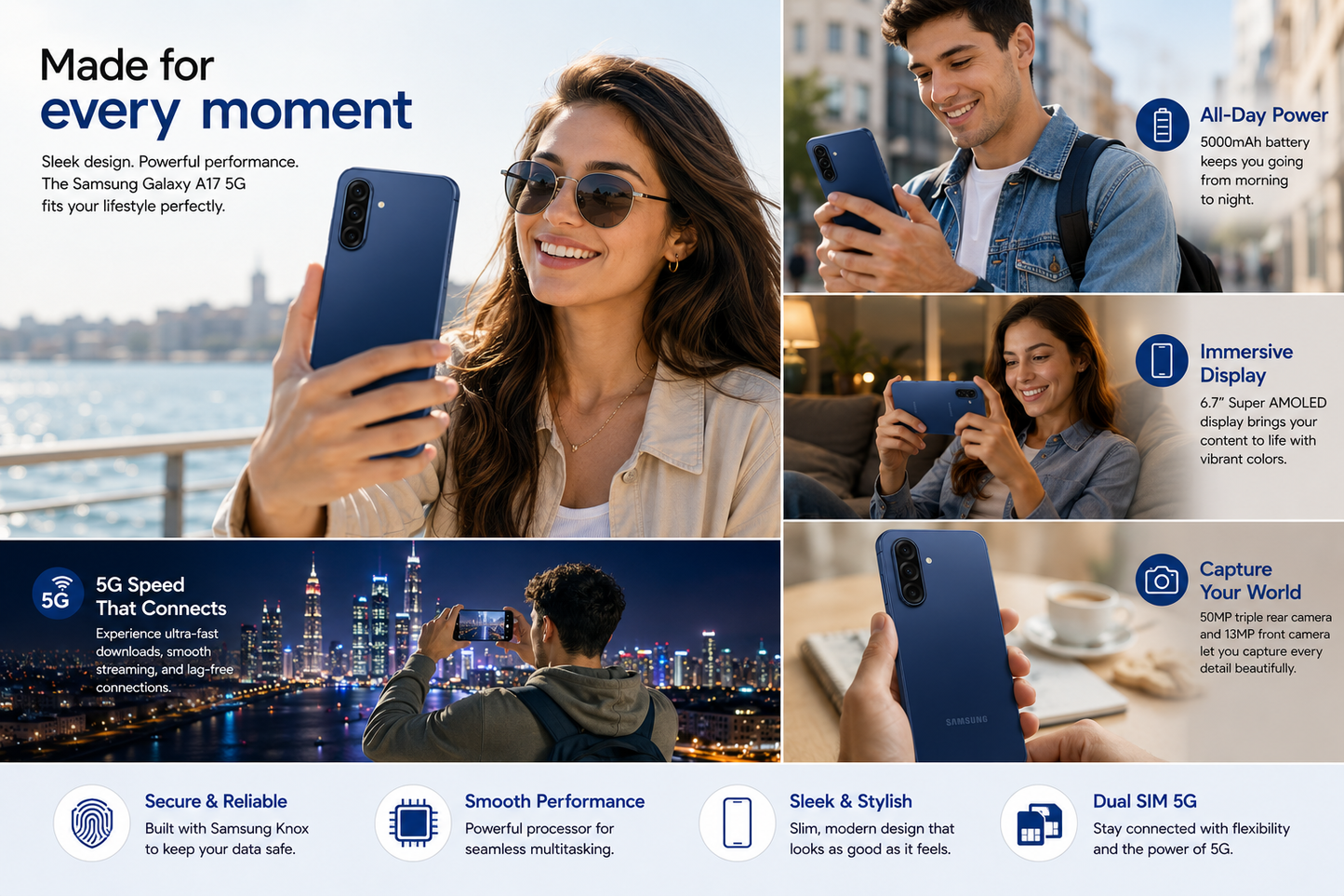 Blue Samsung Galaxy A17 5G smartphone in hand, rear cameras visible