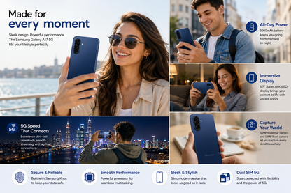 Blue Samsung Galaxy A17 5G smartphone in hand, rear cameras visible